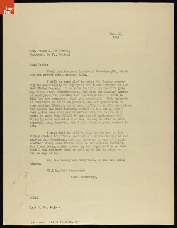 Letter from Edsel Ford to Frida Kahlo regarding Ricardo Arias Vinas, January 22, 1941
