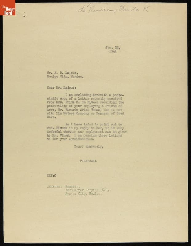 Letter from Edsel Ford to L. A. Lajous regarding Ricardo Arias Vinas, January 22, 1941