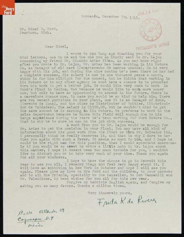 Letter from Frida Kahlo to Edsel Ford regarding Ricardo Arias Vinas, December 5, 1941