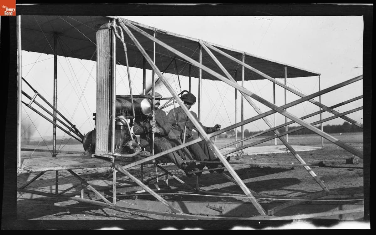 Wilbur Wright and Rene Pellier with the Flyer, Camp d'Auvours, near Le Mans, France, October 5, 1908