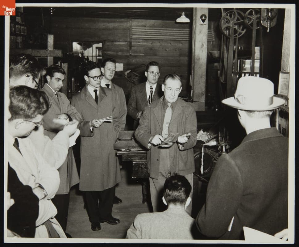 Sidney Holloway Demonstrating Hand Carding in Plymouth Carding Mill (now Gunsolly Carding Mill), Greenfield Village, circa 1949