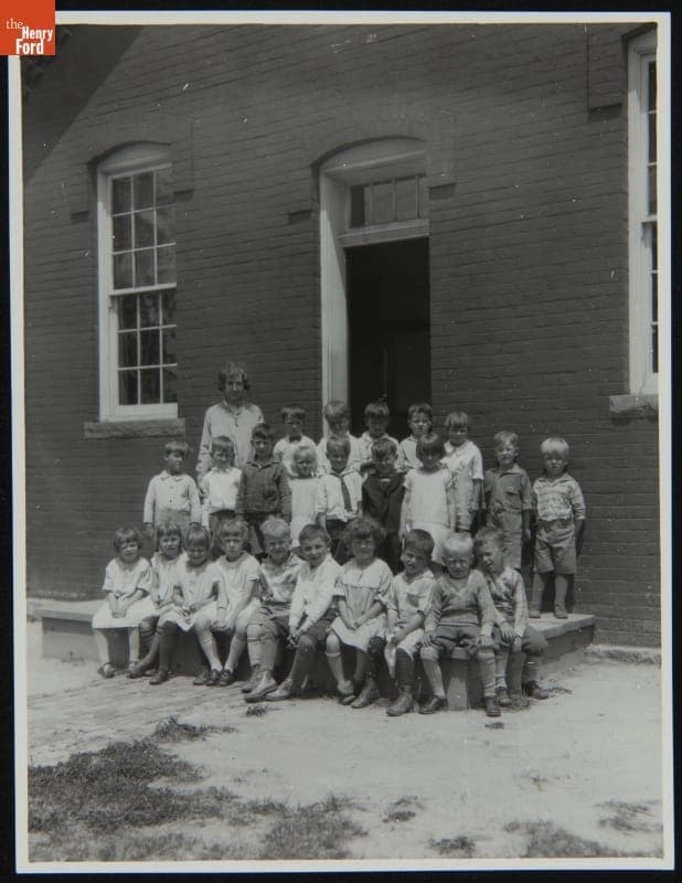 School Children and a Teacher in front of Scotch Settlement School at its Original Site, Dearborn Township, Michigan, 1926