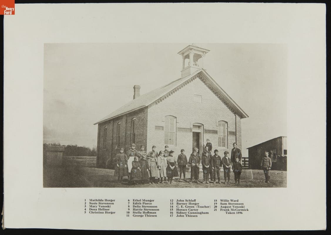 School Children and a Teacher outside Scotch Settlement School at Its Original Site, Dearborn Township, Michigan, 1896