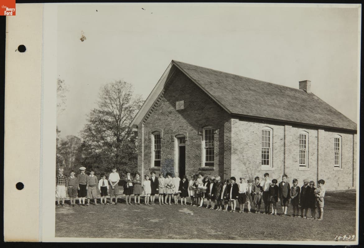 Group of Children outside Scotch Settlement School, Greenfield Village, October 1929