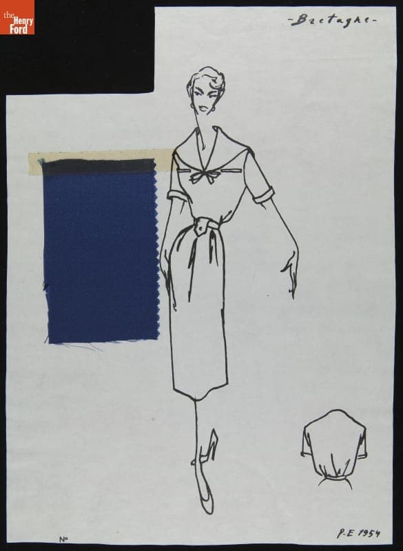 Dior Fashion Drawing with Fabric Swatches, "Baetagre," 1953-1954