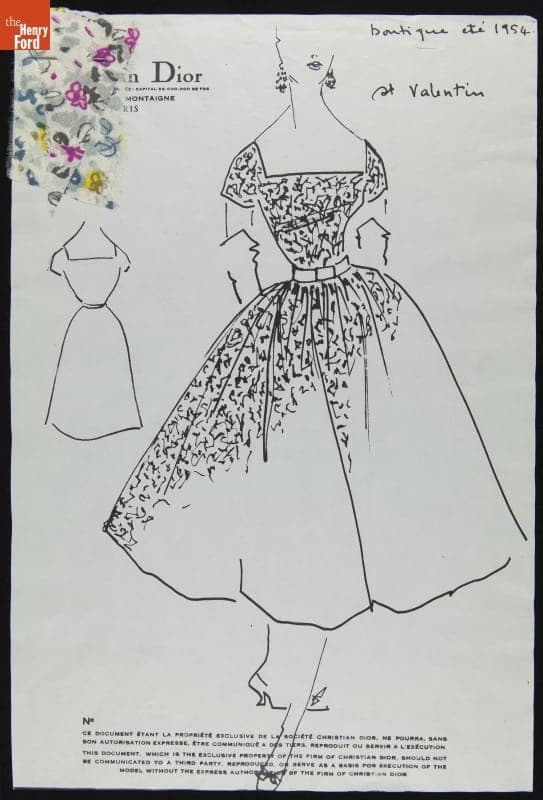 Dior Fashion Drawing with Fabric Swatches, "Valentin," 1953-1954
