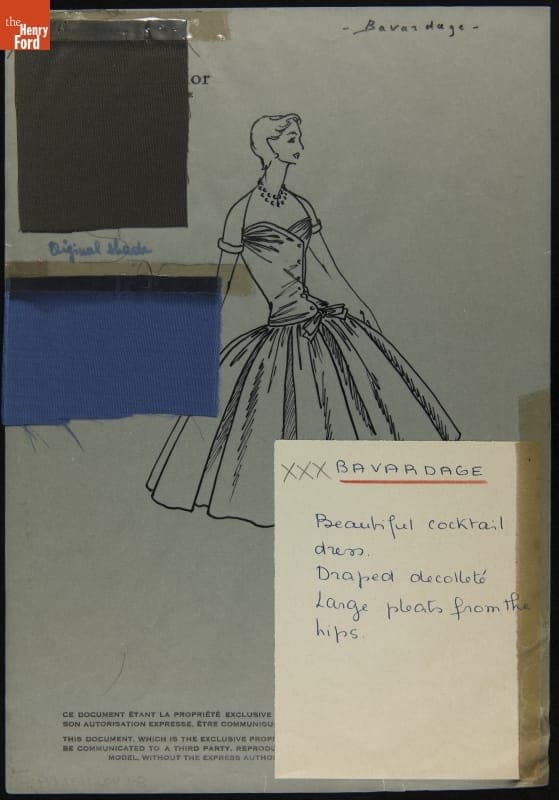 Dior Fashion Drawing with Fabric Swatches, "Bavardage," 1953-1954