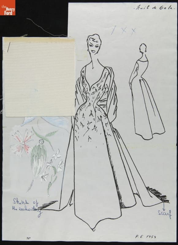 Dior Fashion Drawing with Fabric Swatches, "Nuit de Gala," 1953-1954