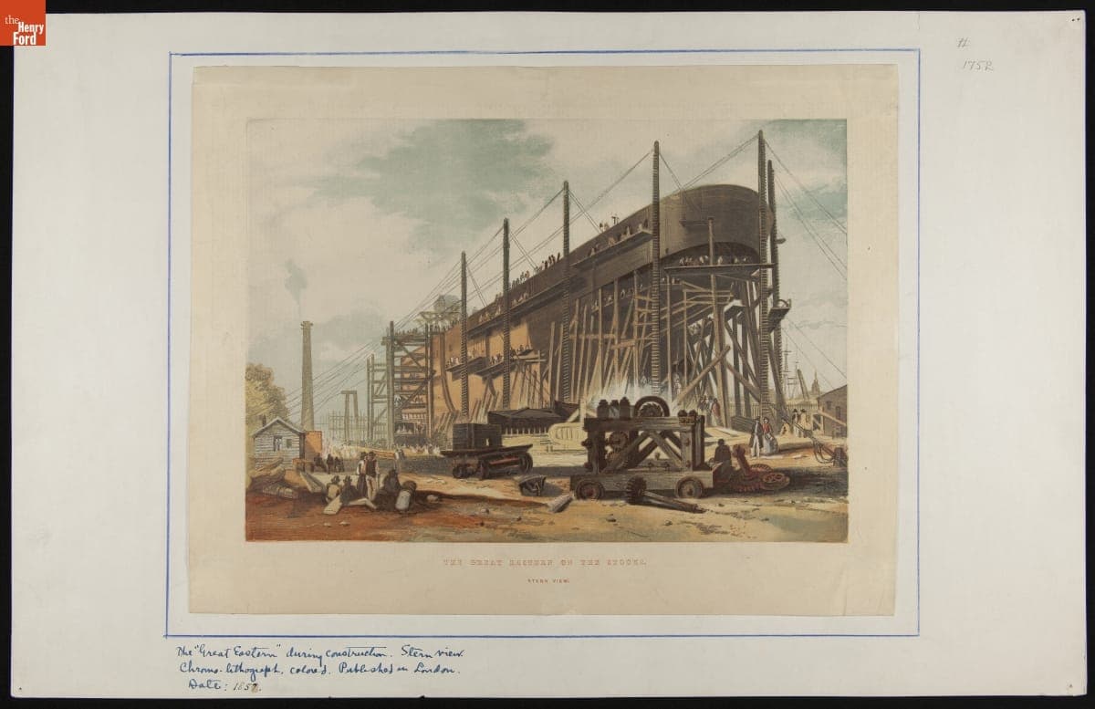 Chromolithograph, "The Great Eastern on the Stocks during Construction, Stern View," 1857