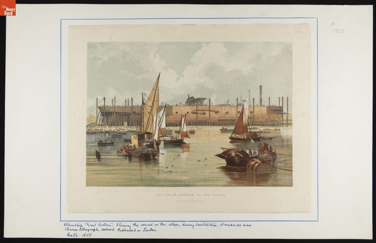 Chromolithograph, "The Great Eastern on the Stocks as Seen From the River," 1857