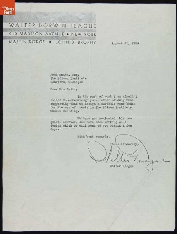 Letter from Walter Dorwin Teague to Fred Smith regarding Designing a Rest Bench for Henry Ford Museum, August 22, 1939
