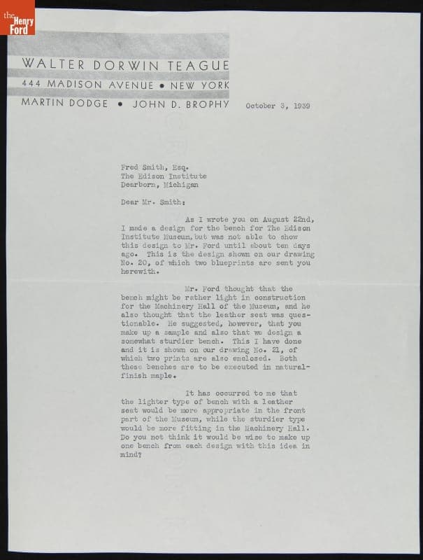 Letter from Walter Dorwin Teague to Fred Smith regarding Designing a Rest Bench for Henry Ford Museum, October 3, 1939