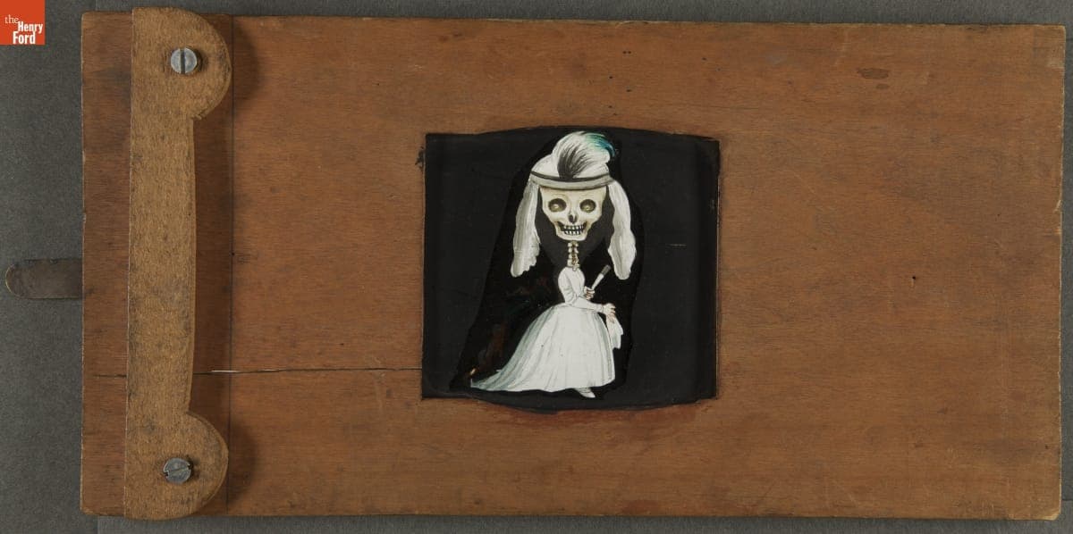 Mechanical Lantern Slide, Skeleton in a Gown, 1860-1900