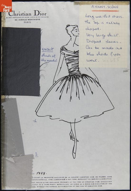Dior Fashion Drawing with Fabric Swatches, "Avant Scene," 1955