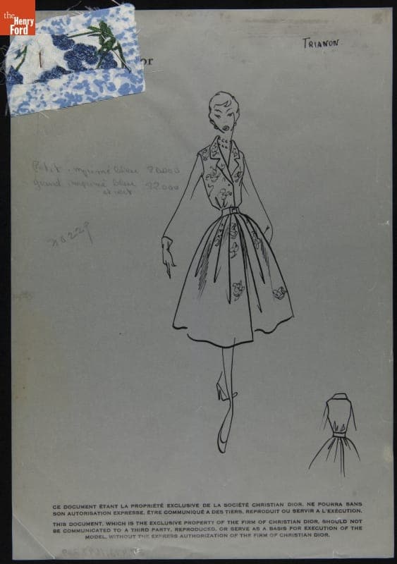 Dior Fashion Drawing with Fabric Swatches, "Trianon," 1955