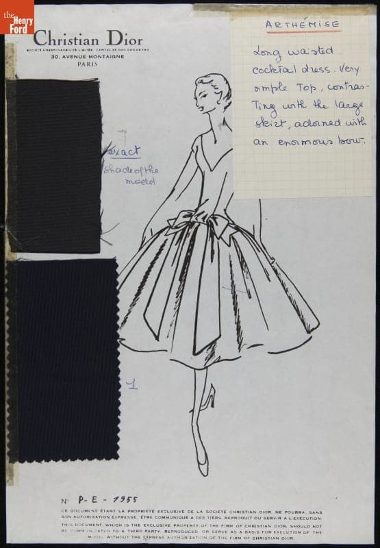 Dior Fashion Drawing with Fabric Swatches, "Arthemise," 1955