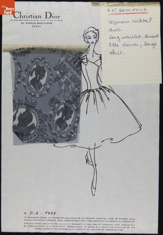 Dior Fashion Drawing with Fabric Swatches, "A Saint Dominque," 1955