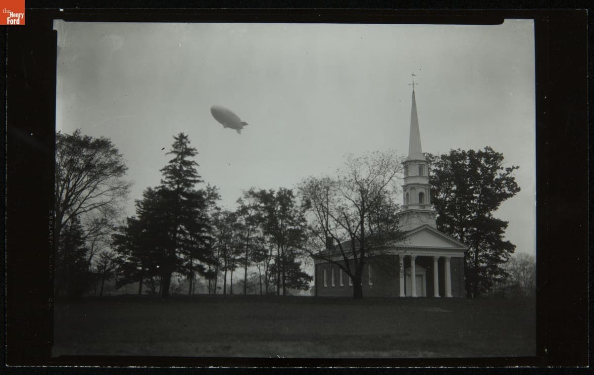 Goodyear Blimp "Mayflower" over Martha-Mary Chapel, Greenfield Village, October 21, 1929
