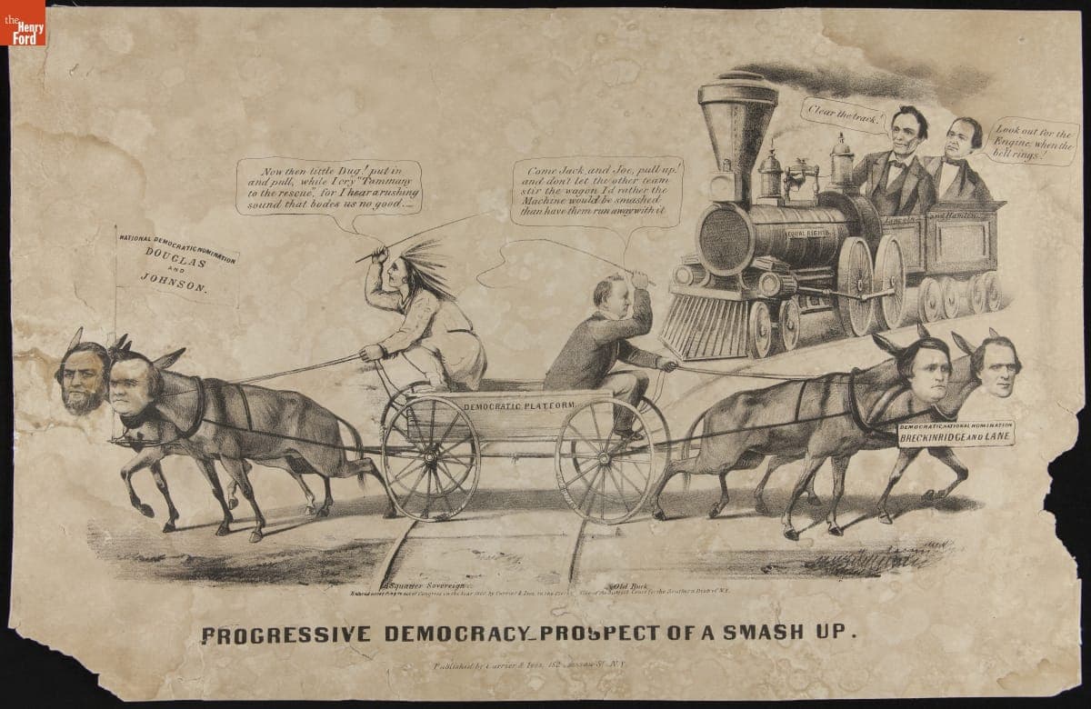 Political Cartoon, "Progressive Democracy, Prospect of a Smash Up," 1860