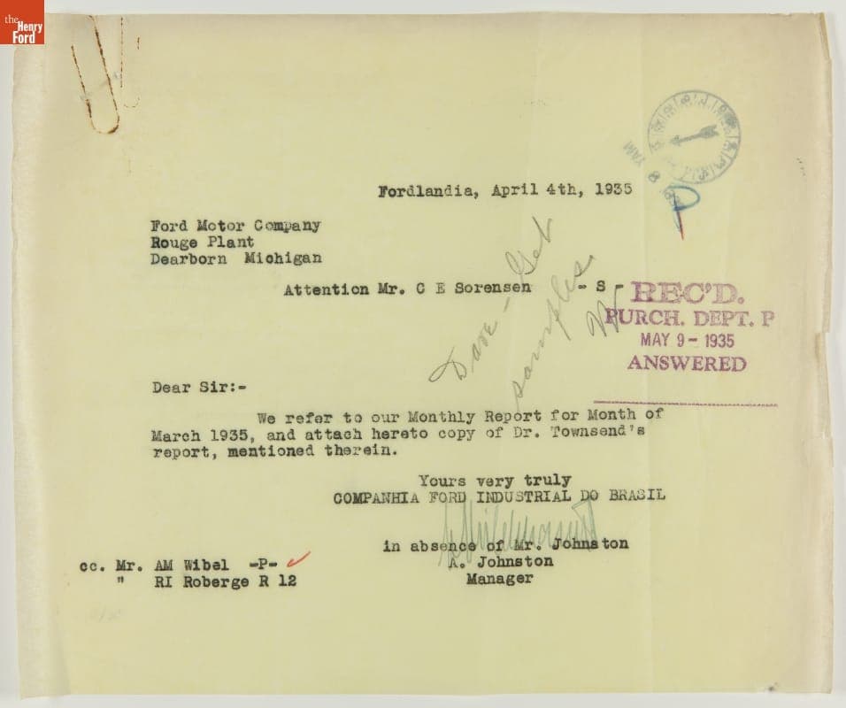 Report, "Insect Census of Fordlandia Including Control Measures," March 29, 1935