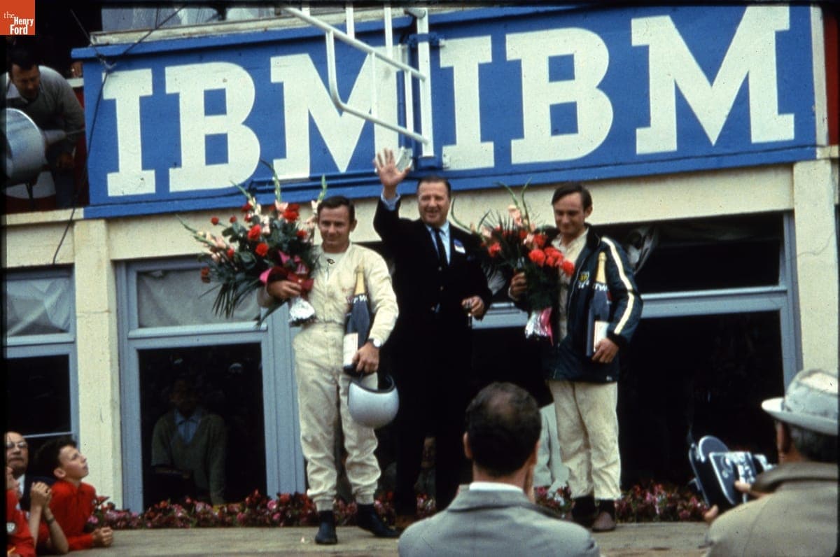 Henry Ford II and Drivers Bruce McLaren and Chris Amon Celebrating Victory at the 24 Heures du Mans (24 Hours of Le Mans) Race, June 1966