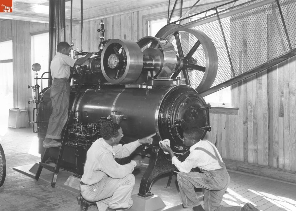 Students Working on a Steam Engine at the George Washington Carver School, Richmond Hill, Georiga, circa 1940