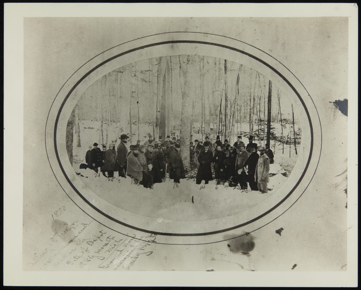 Cutting the First Tree for the Holly, Wayne and Monroe Railway in Plymouth, Michigan, February 8, 1867