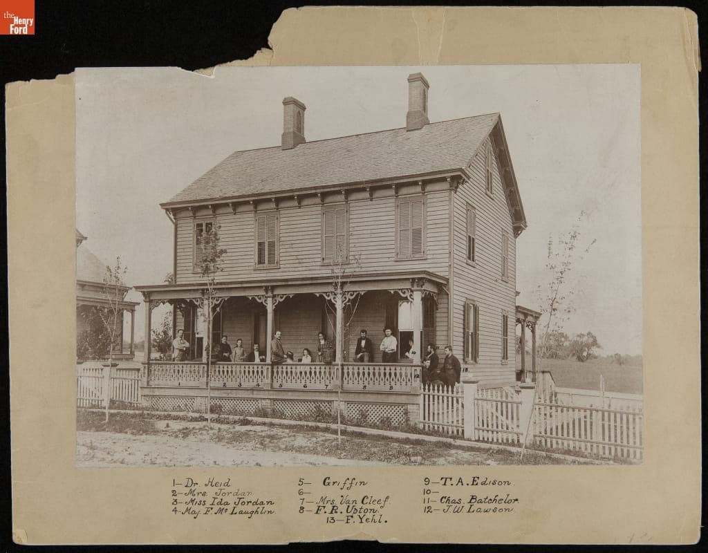 Sarah Jordan and Others on the Porch of Boarding House at its Original Site, Menlo Park, New Jersey, 1880
