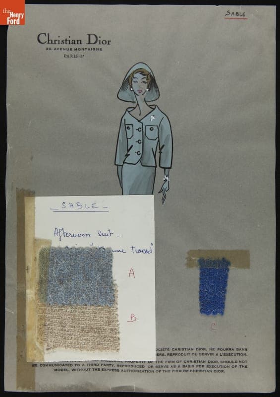 Dior Fashion Drawing with Fabric Swatches, "Sable," 1957