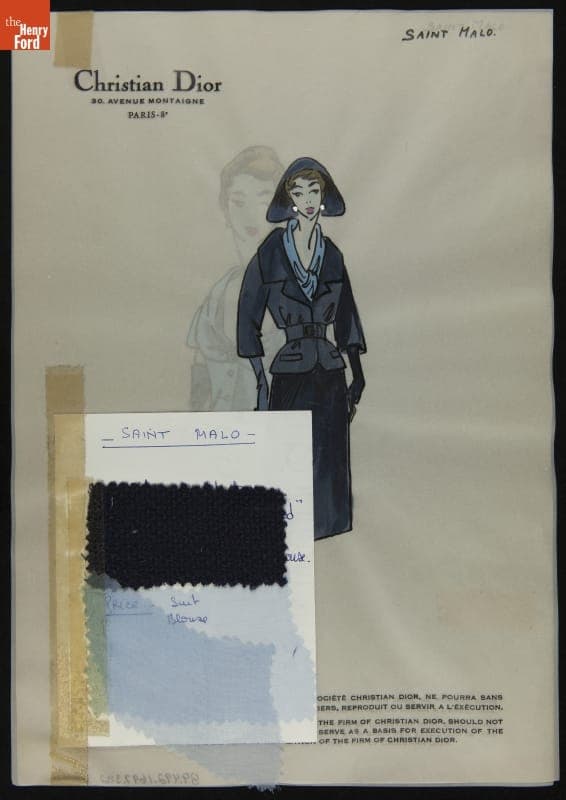 Dior Fashion Drawing with Fabric Swatches, "Saint Malo," 1957