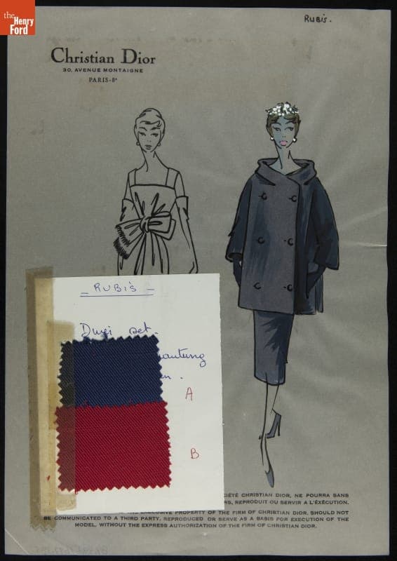 Dior Fashion Drawing with Fabric Swatches, "Rubis," 1957