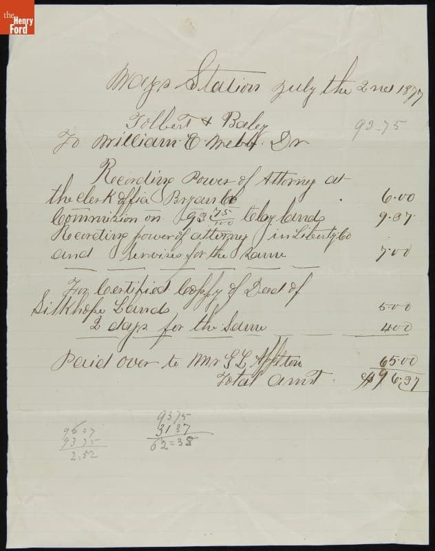 Receipt of Payment for Transactions Regarding Silk Hope Plantation, July 2, 1877