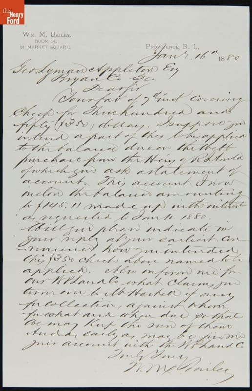 Letter from William Bailey to George Appleton, January 16, 1880
