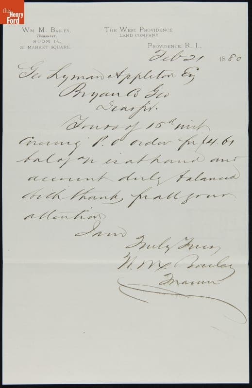 Letter from William Bailey to George Appleton, February 21, 1880