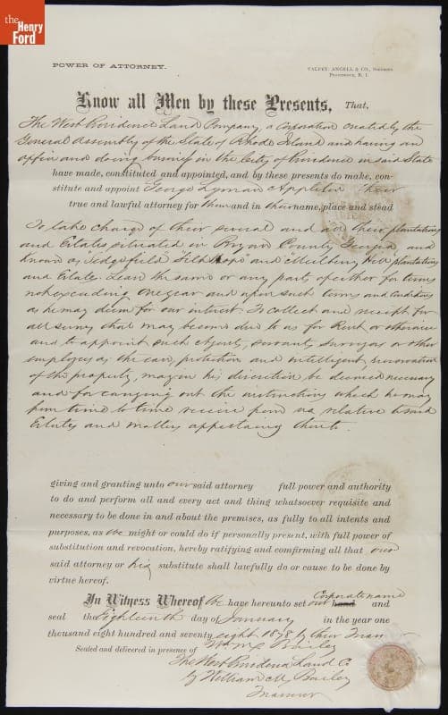 Power of Attorney Given from the West Providence Land Company to George Lyman Appleton, January 18, 1878