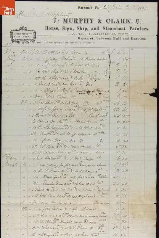 Record of Paint Purchase for White Hall Plantation, 1871-1872