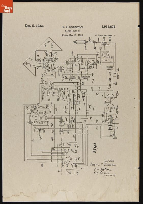 Diagram for Radio Beacon Patent, #1,937,876, Granted December 5, 1933
