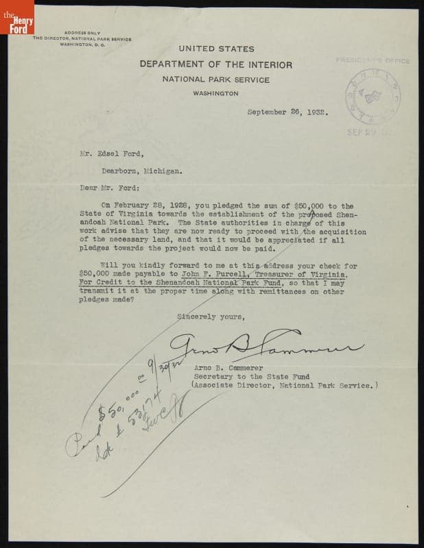 Letter from Arno Cammerer to Edsel Ford regarding Donation to Shenandoah National Park, September 26, 1928