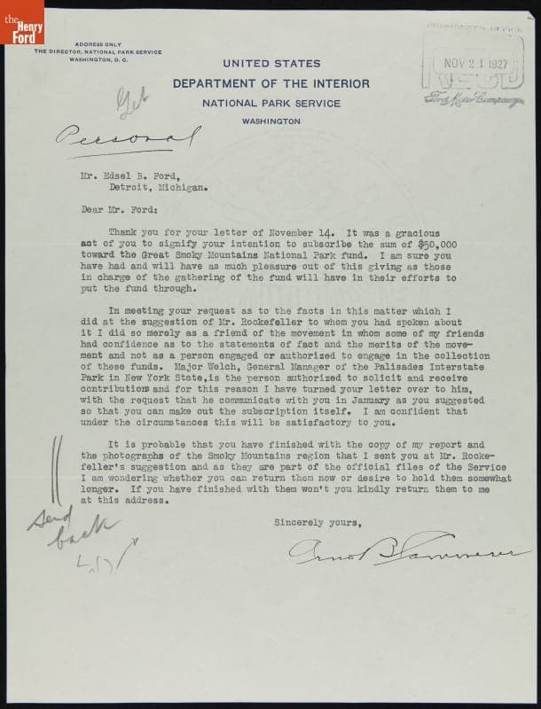 Letter from Arno Cammerer to Edsel Ford regarding Donation to Great Smoky Mountains National Park, November 21, 1927
