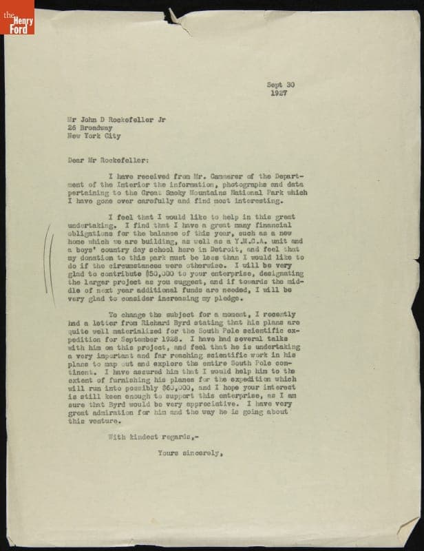 Letter from Edsel Ford to John D. Rockefeller Jr. regarding Donation to Great Smoky Mountains National Park, September 30, 1927