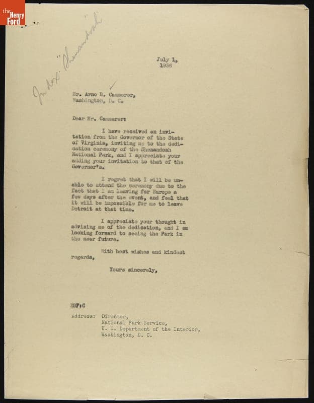 Letter from Edsel Ford to Arno Cammerer regarding Shenandoah National Park Dedication, July 1, 1936