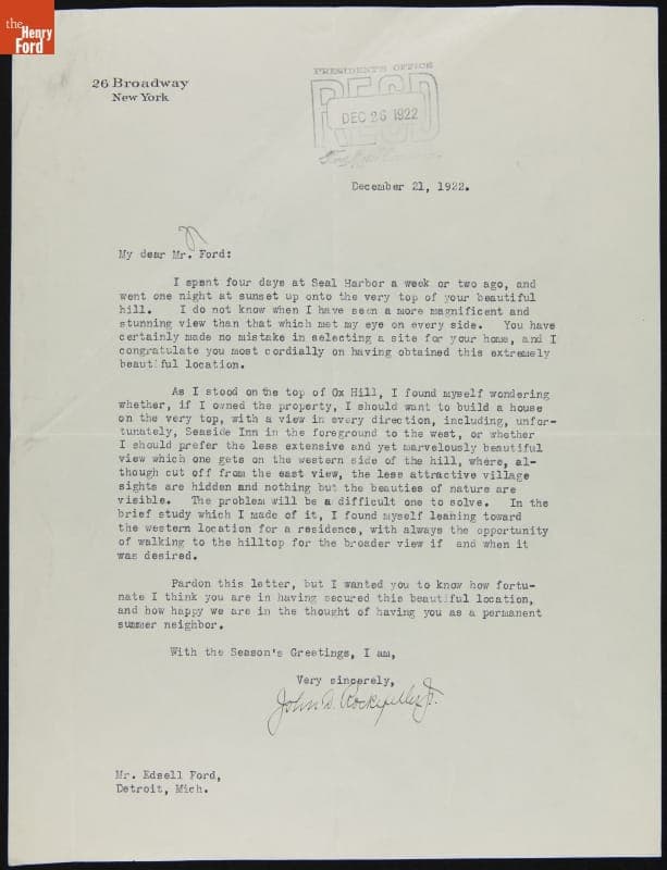 Letter from John D. Rockefeller Jr. to Edsel Ford regarding Property at Seal Harbor, Maine, December 21, 1922