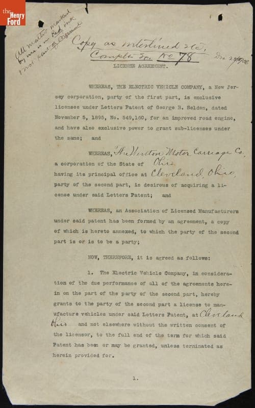 Licensing Agreement Allowing Winton Motor Carriage Co. to Manufacture Automobiles, 1903