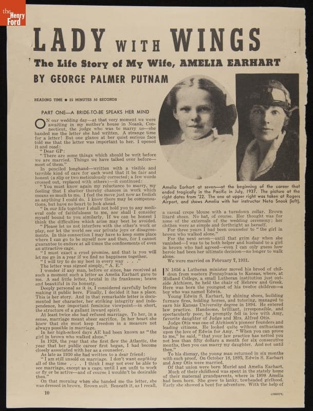 "Lady with Wings, the Life Story of My Wife, Amelia Earhart," 1939