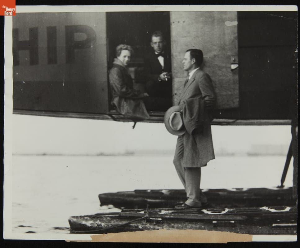 Amelia Earhart and Wilmer Stultz in the "Friendship" with George Putnam, before the Transatlantic Flight, June 8, 1928