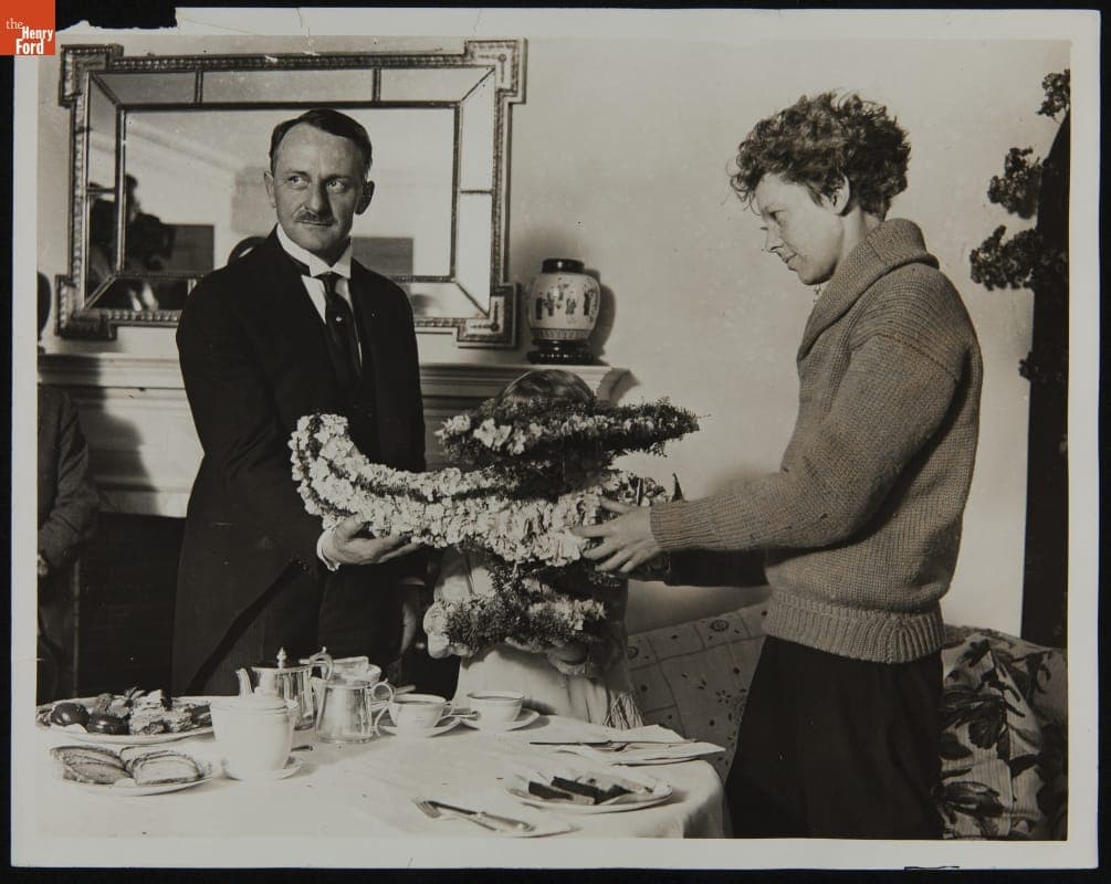 Amelia Earhart Receives a Floral Tribute at London's Hyde Park Hotel, June 1928