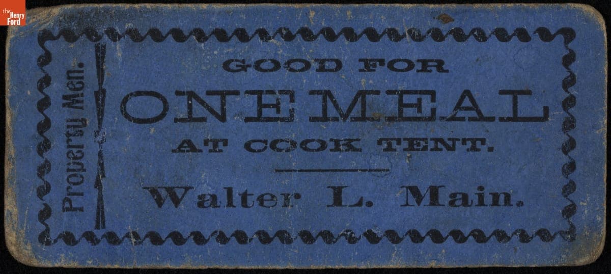Meal Ticket for Walter L. Main Circus Property Men, circa 1895