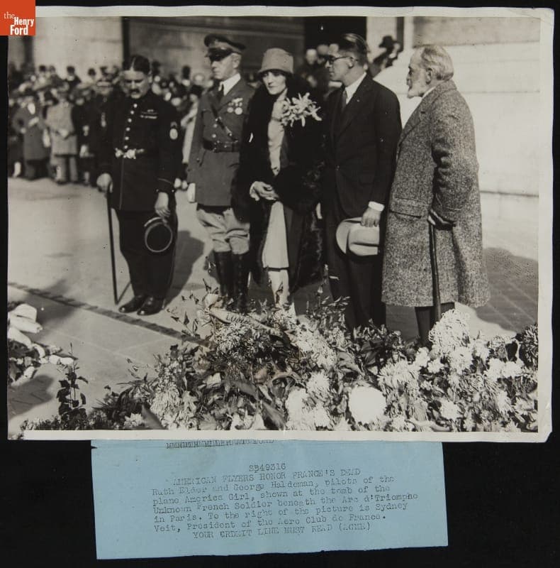 Ruth Elder, George Haldeman, and Sydney Veit at the Tomb of the Unknown French Soldier, October 1927