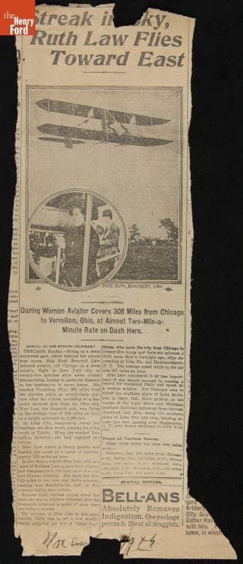 "Streak in Sky, Ruth Law Flies Toward East," 1916