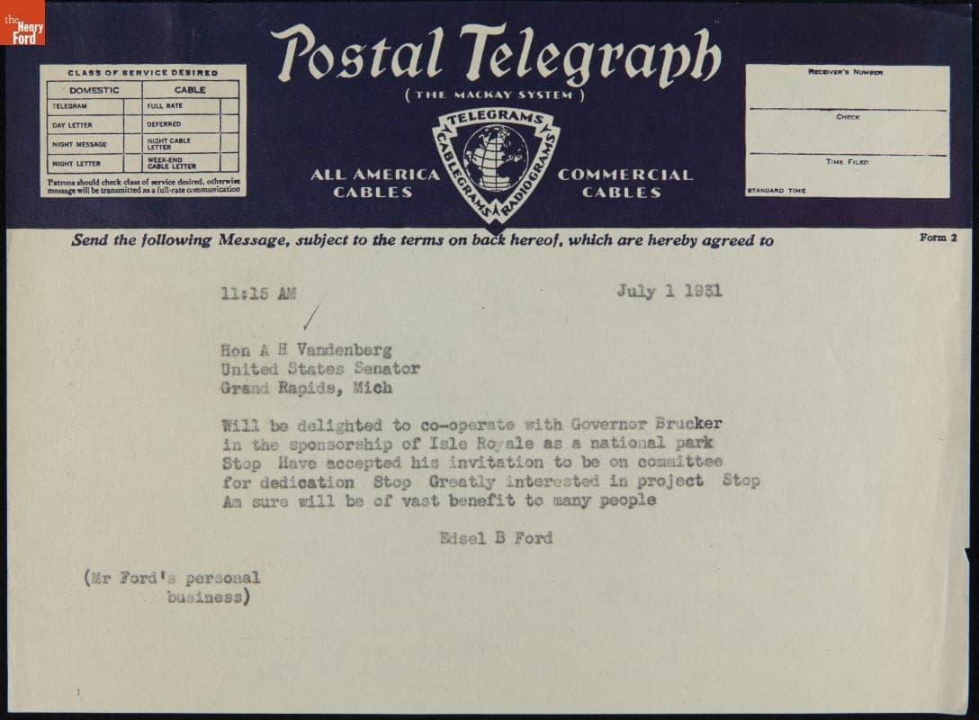 Telegram from Edsel Ford to Senator Vandenberg on the Isle Royale National Park Commission, July 1, 1931